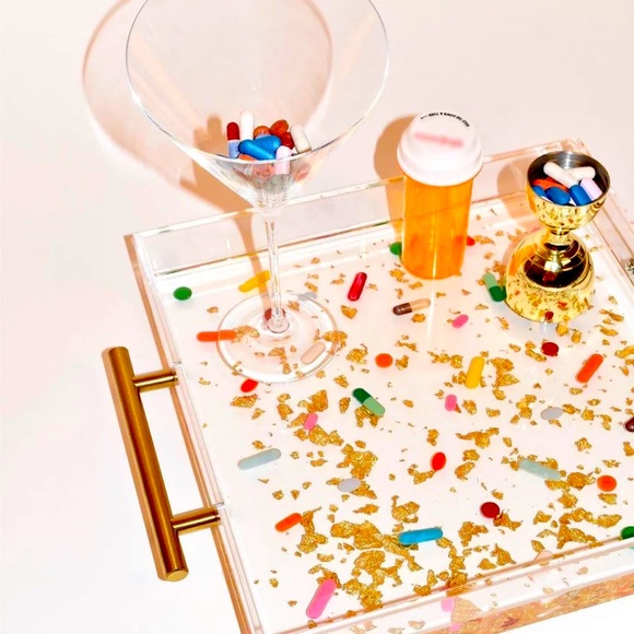Handmade Kitschy Resin Acrylic Pill Tray with Gold Handles 11” X 11” X 2” - Picture 2 of 5
